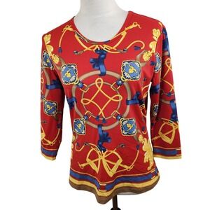 J. McLaughlin‎ Red Equestrian Print Catalina Stretch Signature Top Size Medium